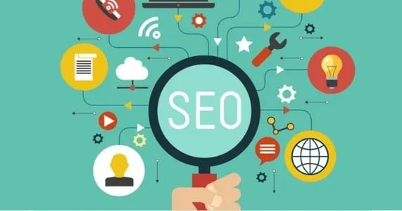 Ilustración del concepto SEO y elementos que lo componen. 
