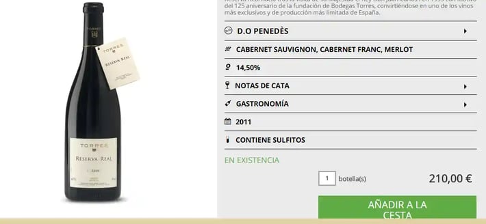 Captura de pantalla de la descripción de un producto online (vino) de la compañía de vino Torres donde se ofrece una imagen de alta resolución.