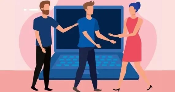 Ilustración de 3 personas hablando delante de un ordenador.