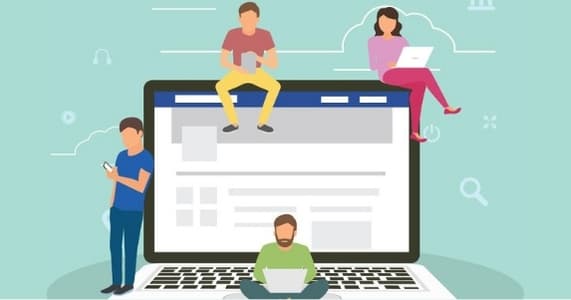 Ilustración de 4 personas trabajando alrededor de un portátil que muestra la interfaz de Facebook.