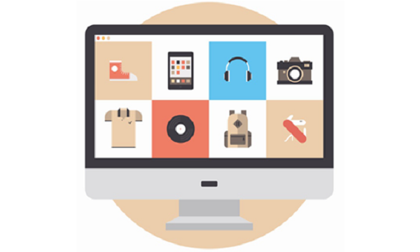 Pantalla de ordenador abierta con 7 iconos visibles (zapato, iPad, auriculares, cámara de fotos, camiseta, vinilo y mochila)