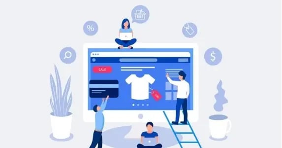 Ilustración de 4 personas gestionando una tienda online. Aparecen diversos elementos e iconos que la componen. (Mi tienda online no vende ¿Qué debo hacer?)