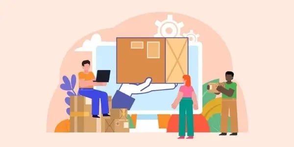 Ilustración de 3 operadores logísticos gestionando envíos de paquetes.