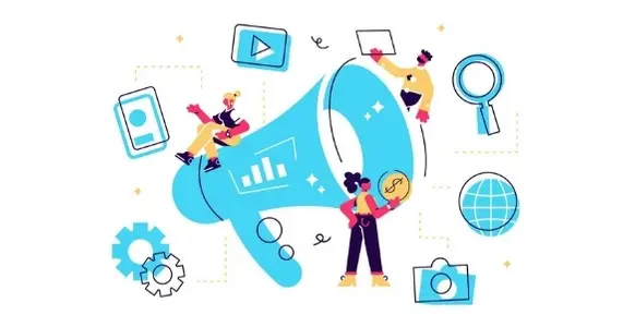 Ilustración de un megáfono, haciendo referencia a Inbound Marketing. A su alrededor aparecen diversos elementos relacionados con el concepto y tres personas gestionándolos.