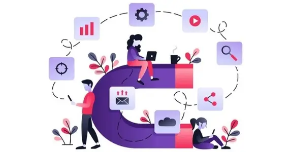 Ilustración del concepto Inbound Marketing. Aparece un imán gigante, rodeado por iconos que representan las tareas de esta metodología y tres personas trabajando.