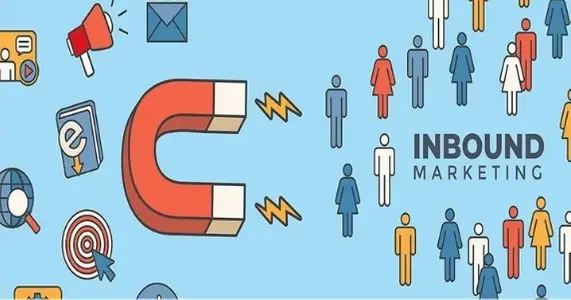 Ilustración del concepto Inbound Marketing. Aparece un imán gigante trayendo leads. Y a su alrededor, iconos de diversas acciones (email marketing, redes sociales, marketing de contenidos, etc).