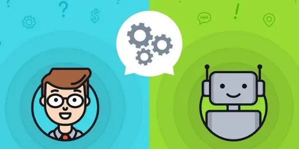 Ilustración de un usuario y un bot conversacional hablando