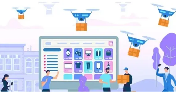 Ilustración donde se refleja una pantalla de ordenador mostrando un eCommerce. A su alrededor, aparecen 4 consumidores de productos online, un repartidor y drones transportando paquetes.