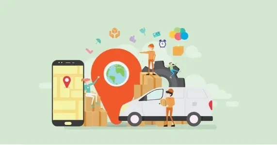 Ilustración de elementos relacionados con un ecommerce. Aparece una furgoneta, un smartphone, personas gestionando apquetes, etc.