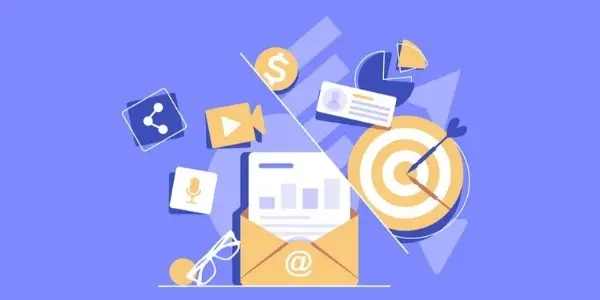 Ilustración del concepto de email marketing. Aparecen diversos elementos relacionados (un @, un documento, un icono de enlace, un icono de audio, un icono de 