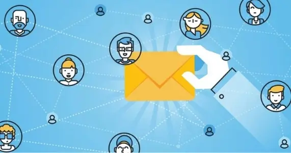 Ilustración de un correo y a su alrededor aparecen usuarios conectados entre si. El email marketing en 2020.