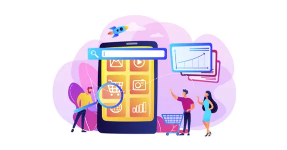 Guía de optimización eCommerce (Ilustración de un eCommerce dentro de un smartphone. A su alrededor aparecen clientes interactuando con la plataforma.)